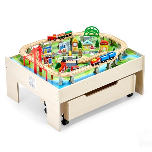 VEVOR Table Circuit Train Bois, 100 PCS, avec Rail de Train, Tiroir Rangement Roulant, Table Activités 3 en 1 Double Face pour Jouer, Dessiner, Lire, Manger, Jouets...