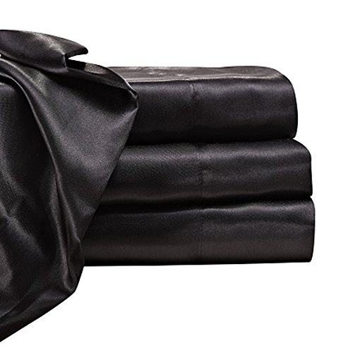 Satin Radiance Soft Satin Silk Sheets Solid Color Deep Pocket Twin XL Size Satin Bed Sheet Set Cooling And Soft Fitted Satin Bedding + Satin Pillowcase(s) Durable, Breathable, Black, 3-piece