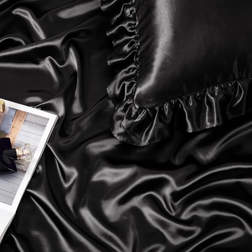 Image of Homiest Black Twin Ruffle Pillowcase & Satin Fitted Sheet Set 2Pcs | Silky Satin Protects Hair And Skin, 15-Inch Deep Pocket, Pearlescent Sleek Dramatic Shine, Easy Machine Wash Care