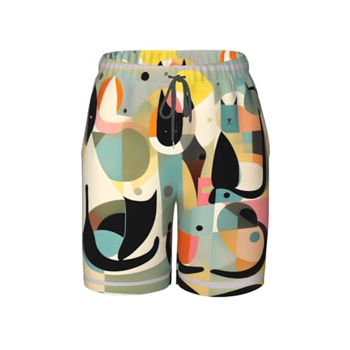Mid-Century Modern Art Cat Youth Beach Pants, Soft and Breathable, with Drawstring Waist, Suitable for Sports and Leisure.