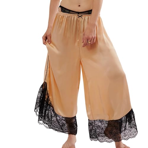 Summer Casual Lightweight Lace Trim Capris Wide Leg Satin Crop Pants Women Elastic Waist Pj Palazzo Pants Beach Wear