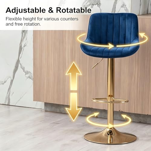 Image of ECHINGLE Velvet Bar Stools Set of 4 - Swivel Counter Height Barstools with Back & Adjustable Height, Modern Gold Kitchen Island Stools for Bar, Armless Pub Stools, Soft Blue Upholstered Seating