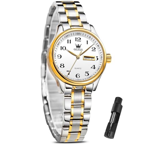 OLEVS Silver and Gold Watches for Women with Date Two Tone Watch for Women Stainess Steel Ladies Wrist Watch for Small Wrist Two Tone Woman Watches with Numbers Luxury Arabic Numerals Wristwatch Reloj para Mujer