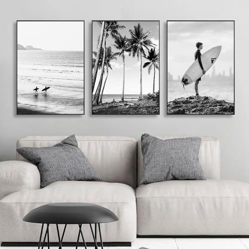 HMXQLW Paysage Marin Surf Noir et Blanc Impression sur Toile Affiche Decoration Murale Tableau Art Moderne Toile Peinture Salon Chambre Maison Decoration...