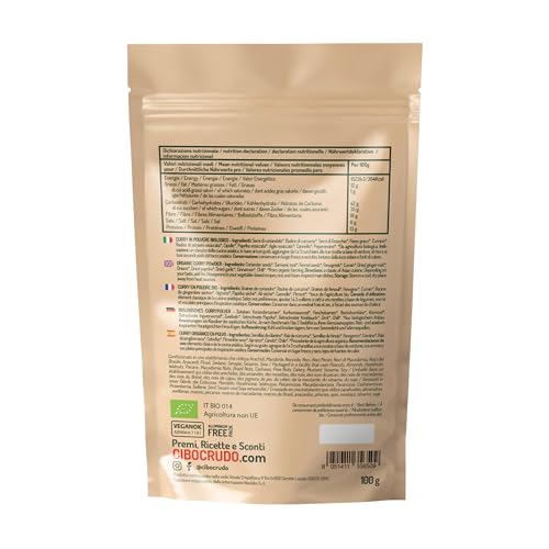 Curry pulver Bio - 100g. Currypulver ohne Salz. Typische Mischung aus leicht würzigen getrockneten Gewürzen. Für Gerichte und Rezepte der indischen Küche. Bio-Zutaten und ohne Zusätze. Curry Gewürz.