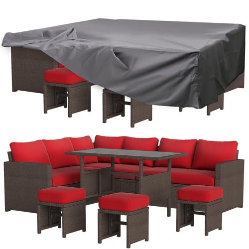 Image of U-MAX 7 Pieces Patio Furniture Set with Waterproof Cover, Outdoor Sectional Sofa Conversation Set, All Weather Wicker Rattan Dining Table & Chair with Ottoman, Brown Rattan&Red Cushion