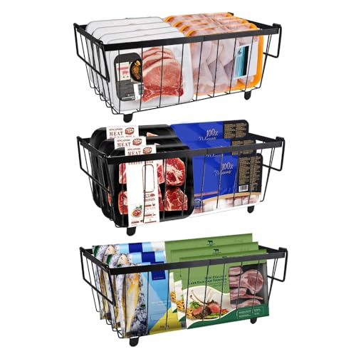 3 Stück Gefriertruhe Korb, Gefriertruhe Organizer mit Griffen Körbe für Gefriertruhe Stapelbar Gefrierschrank Organizer Tiefkühl Frostfest, mit Rutschfester Boden, für Kühlschrank, Schrank (Schwarz)