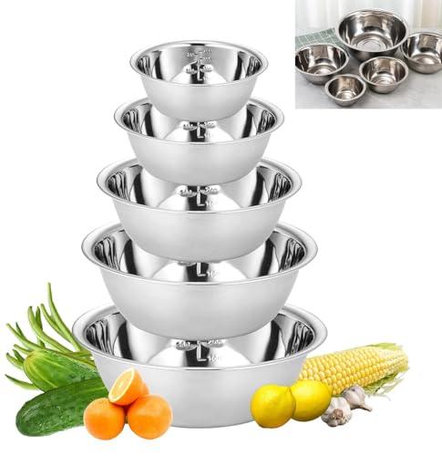 Ensemble de 5 bols en acier inoxydable, bols en métal, bol doseur à salade, bol mélangeur, empilables, adaptés aux salades, à la cuisine et à la pâtisserie, 14/16/20/22/24 cm