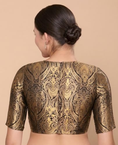 Image of Studio Shringaar Women Brocade Silky Jewel Neck Readymade Elbow Length Sleeve Saree Blouse