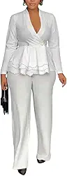 Conjunto de 2 peças de ternos femininos, conjunto de calça blazer de negócios, casual, manga comprida, elegante, terno de trabalho com bolsos, branco 2GG