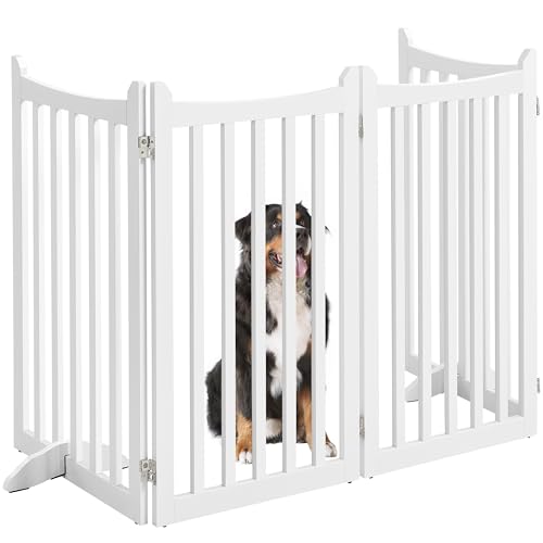 Topeakmart Dog Fence Indoor 36" Tall 4-Panels Wooden Foldable Dog Gate for Pets with 2 Support Feet Freestanding Pet Barrier for Doorways, Porch, Stairs, Kitchen White 79.5" L × 36" H