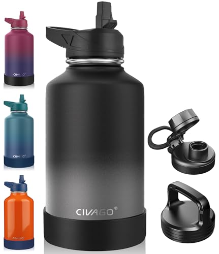 Image of CIVAGO 64 oz Insulated Water Bottle With Straw, Half Gallon Stainless Steel Sports Water Flask Jug with 3 Lids (Straw, Spout and Handle Lid), Large Metal Thermal Cup Mug, Classic Omber Gray