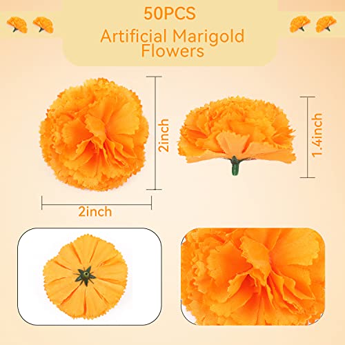 Labeol 50Pcs Marigold Flowers Marigold Garland For Decoration Artificial Marigold Flowers Heads Bulk Silk Marigold Garland For Day Of The Dead Halloween Diwali Party Decorations - Orange #TOP3