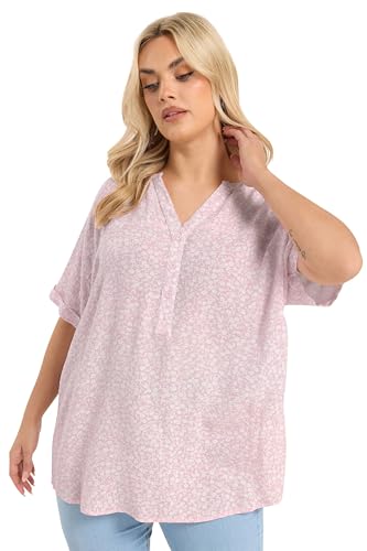 Image of Yours Curve Crinkle Floral Notch Neck Top - Women's - Plus Size Curve Pink