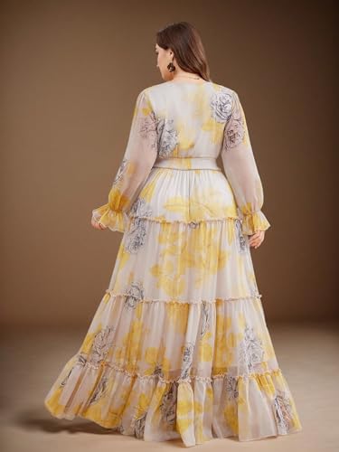 Image of Spring Summer 2024 Plus Size Womens Dresses V Neck Casual Elegant Long Sleeve Floral Print Maxi Dress