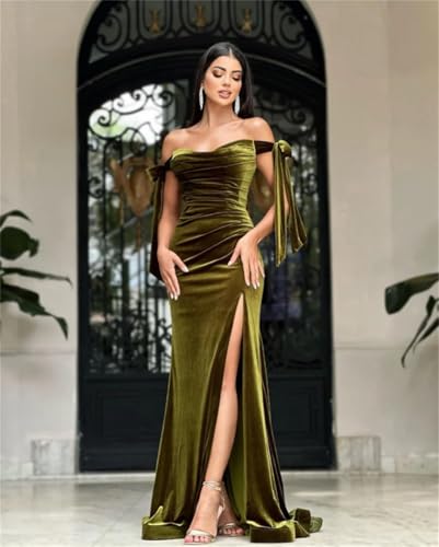 Verngo Women's Velvet Off Shoulder Bridesmaid Dresses Corset Bow Strap Slit Formal Wedding Guest Dress Long4