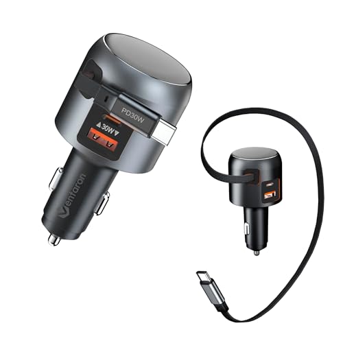 Image of 60W Retractable Car Charger, 3-Port USB-C Car Charger Adapter with Built-in Retractable Cable, Fast Charging Cigarette Lighter Adapter for iPhone 16 /15, Galaxy S25 /S24, Pixel, iPad(Black)