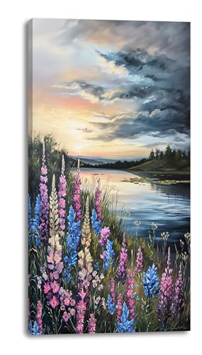 LASMOND Beautiful Colorful Grassland by Riverbank Landscape Wall Art Decor Artwork for Bedroom (24x48 Inches)