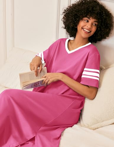 Image of Ekouaer Long Nightgown, Womens V Neck Loungewear Oversized Sleepwear Loose Sleep Dress S-4XL