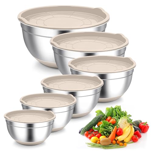 TeamFar Mixing Bowls, Black Mixing Bowls with Lids Set, Stainless Steel Nesting Salad Bowl with Air-tight Lid & Silicone Bottom, Non Slip & Stackable - Set of 6-4.6/2.6/2 / 1.5/1 / 0.7 Qt