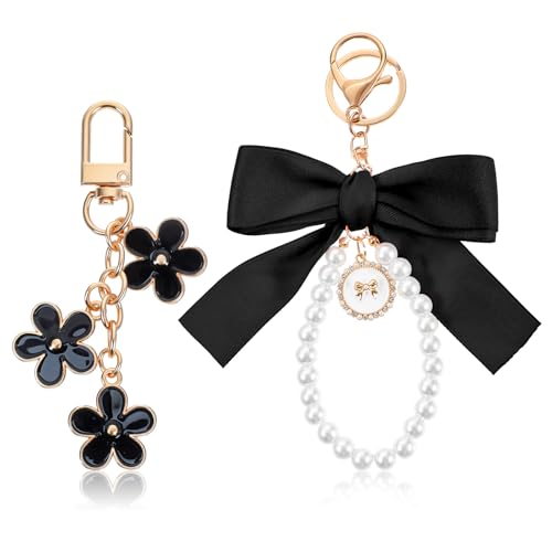 Image of Sorcristy 2 Pack Bow Pearl Key Chains for Women, Black Wristlet Keychain Set Bow Flower Bag Charm Purse Charms Bowknot & Pearl Keyring Charms Elegant Accessories for Handbags Backpacks Keys