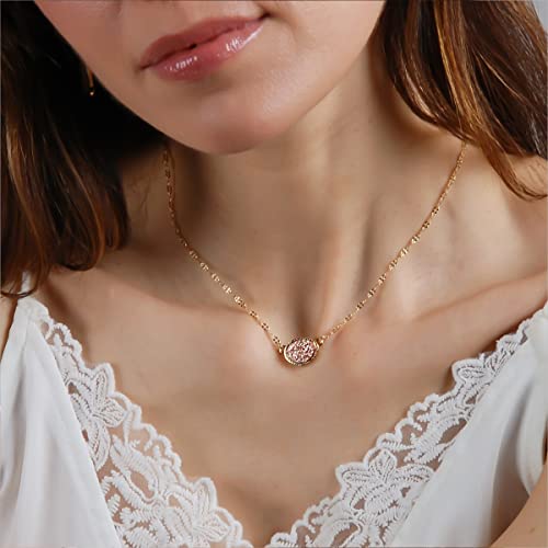 Humble Chic Simulated Druzy Delicate Necklace - Gold-Tone Dainty Chain-Link Simple Pendant - Oval Created Geode Stone Charm, Gold - Rose Gold Stone #TOP4
