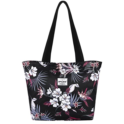 HAWEE Tote Bag with Zipper for Women Inside Mesh Pocket Heavy Duty Casual Anti-water Cloth Travel Shoulder Handbag, Tropical Flower