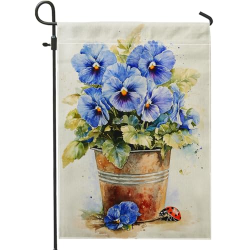 Drapeau de jardin de pensée bleue pour printemps et été, bannière florale vibrante, bannière de cour, décoration de pelouse extérieure double face, motif coccinelle, 30,5 x 45,7 cm