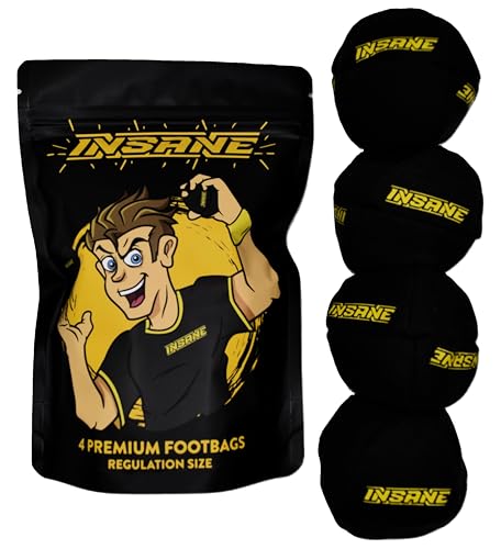 Insane Premium Footbag 4 Pack, 8-Panel Synthetic Suede Hacky Sack Set with Signature Gift Pouch