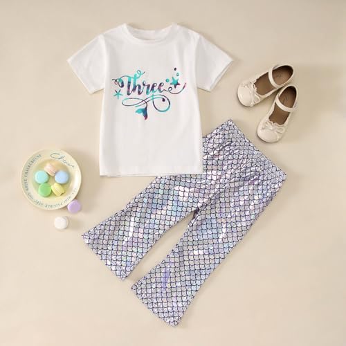 Toddler Girl Birthday Mermaid Outfits 2nd 3rd 4th Birthday Short Sleeve T-Shirt Shiny Flared Pant Set Summer Clothes2