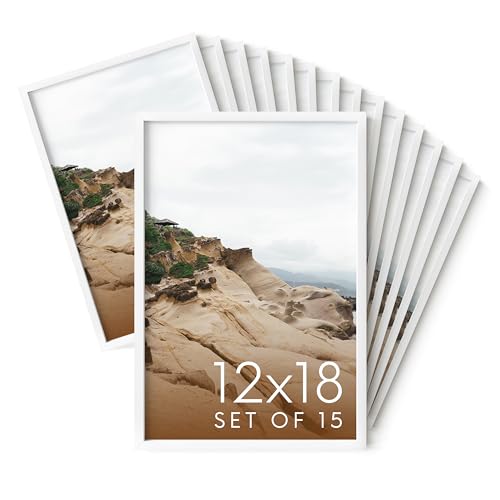 HAUS AND HUES 12x18 White Aluminum Frame Set of 15 - Vertical & Horizontal Hanging, Shatterproof Plexiglass (12x18 in, White)