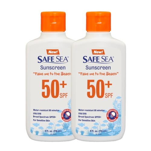 Safe Sea Jellyfish Sting-Blocking Sunscreen SPF 50+ Lotion 4oz Waterproof Biodegradable Body and Face Sunscreen Anti-Jellyfish and Sea-Lice sting protection. 4 Fl Oz (Pack of 2)