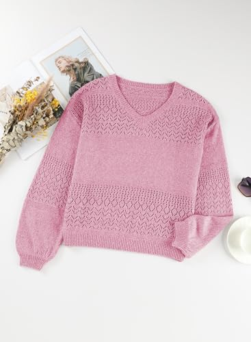 Image of SHEWIN Women's Sweaters Casual Long Sleeve V Neck Crewneck Lightweight Crochet Pullover Sweater Tops