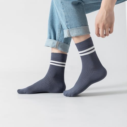 6 Pairs Mens Striped Crew Socks, Casual Cotton Socks Breathable Soft Calf Socks for Boys Mens Size 7-112