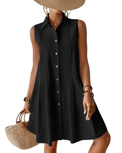 Bsubseach Cotton Beach Cover Up for Women Button Down Sleeveless Shirt Dress Swimsuit Coverup 2026 Summer Mini Dresses Black S