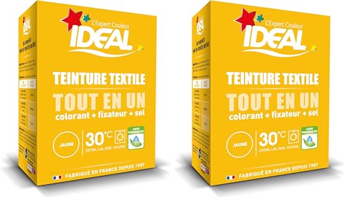 IDEAL - Kit Teinture Tout en Un Mini Jaune - 230 g - Colorant + Fixateur + Sel Inclus - Teinture Textile Longue Tenue - Coton, Lin, Soie, Viscose - Efficace dès 30°C - Fabrication Française (Lot de 2)