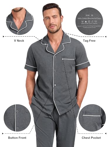 Image of COLORFULLEAF 100% Cotton Mens Pajamas Set Short Sleeve Loungewear with Long Pants Button Down Sleepwear Soft Comfy Pj for Men