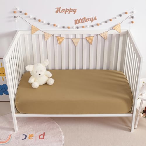 Image of NTBAY 2 Pack Muslin Cotton Mini Crib Sheets, Soft and Breathable Double Layer 24x38 Baby Crib Sheets for Mini Crib and Toddler Mattresses, Boys, Girls, Unisex, Brown, 24x38 Inches