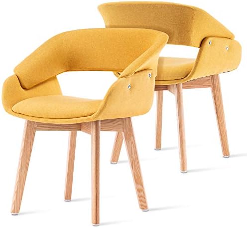 ivinta Modern Living Dining Room Accent Arm Chairs Set of 2 Linen Fabric Mid-Century Upholstered Side Seat Club Guest with Solid Wood Legs (Yellow+Cushion)…