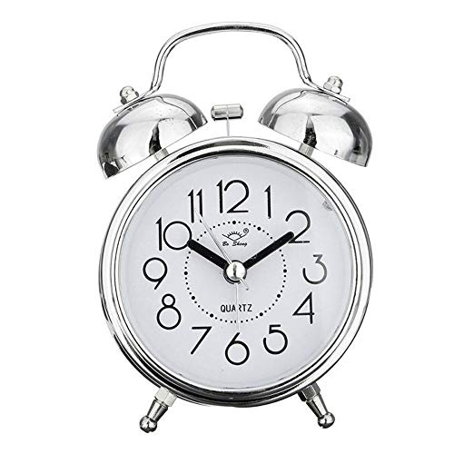 SYWAN Reloj Despertador de Doble Campanas con luz Nocturna, Gran Esfera de 3 Pulgadas, Vintage Despertadores de Mesita Relojes, Sin Tictac, Silencioso, Timbre de Alarma Retro (Plata)