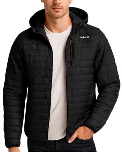 Image of Hurley Mens Puffer Jacket - Lightweight Packable Insulated Winter Coat for Men - Weather Resistant Quilted Outdoor Jacket