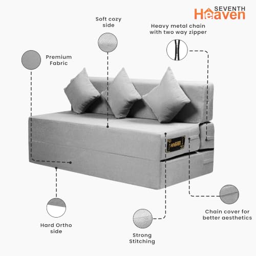 Image of Seventh Heaven Rejioce 4 Seater 6 * 6 Jute Fabric Washable Cover Sofa Cum Bed with 3 Cushions 4 Seater Double Foam Fold Out Sofa Cum Bed (Finish Color - Light Grey Delivery Condition - Pre-Assembled)