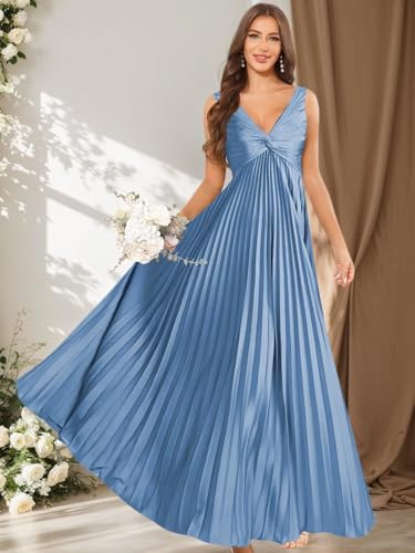 BANTRATIC Satin Sleeveless Bridesmaid Dresses for Women A-Line Pleated Maxi Formal Evening Wedding Guest Gown4