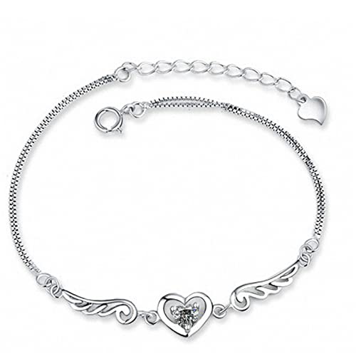 Colorful Bling Angel Wing Heart Crystal Link Chain Bracelet Silver Heart Shaped Rhinestone Inlaied Bracelet-Transparent #TOP6