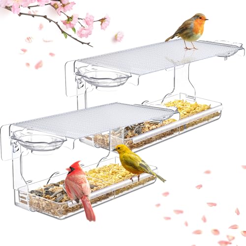WELDUN 2er Fenster Futterhaus für Vögel, Vogelhaus mit Vogeltränke, Transparent Abnehmbar Vogelfutterspender mit 2 Zellen, für kleine Wildvögel