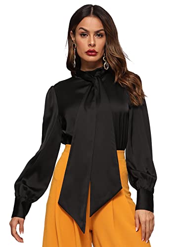 Romwe Women's Solid Print Elegant Bow Tie Neck Long Sleeve Work Office Blouse Top Black Satin S #TOP5