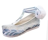 ALINZO Damen Wellen Stickerei Muster Brokat Retro Bestickte Schuhe Mit Haarballen, Passende Hanfu Schuhe, Alte Chinesische Schuhe,EU38,Blue