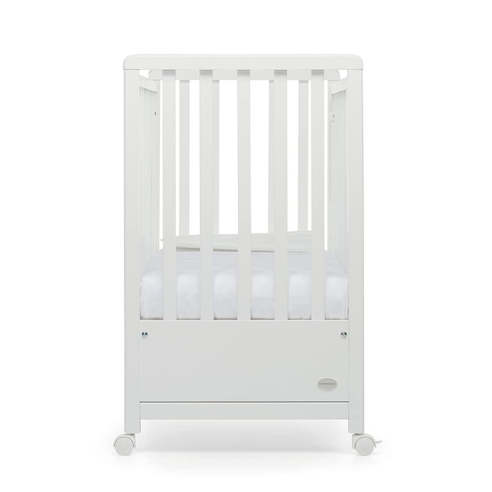 Foppapedretti Lettino Culla con Sponda a Scomparsa Pikkoletto, Made in Italy, Legno di Faggio, Rete a doghe a 3 altezze, Materassino Incluso, 112x61x106 cm, ruote piroettanti, Bianco