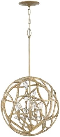 Hinkley Fredrick Ramond Eve Three Light Orb Pendant Chandelier, Hand-Forged Tubing, Vine-Like Pattern, Faceted Clear Crystal Buds, Champagne Gold Finish
