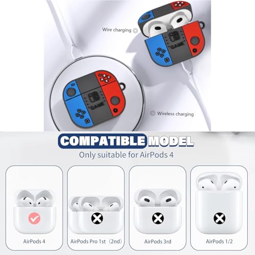 Image of Emoh Roced Case for AirPodS 4 (2024) with Keychain (ANC), Cute Cartoon Shockproof Protective Cover Compatible with Apple AirPods 4th Generation 2024 for Women and Boys (Nintendo)